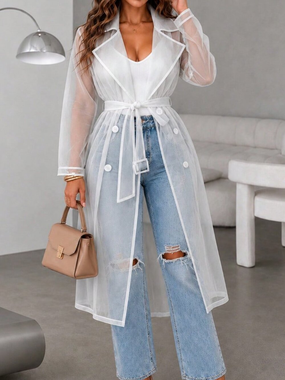 Beige Elegant Women's Transparent Mesh Long Sleeve Jacket